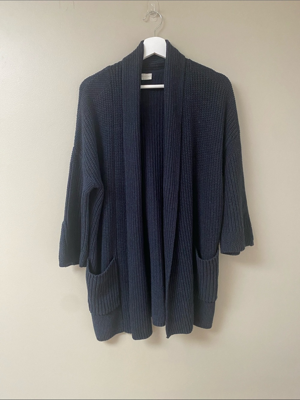 Poetry 100% Cotton Thick Knit 3/4 Bell Sleeve Front Pocket Navy Cardigan Size 6